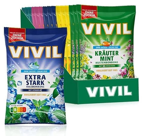 VIVIL Hals-und Hustenbonbons, 15 Beutel, Mix Kräuterbonbons mit Salbei, Eukalyptus-Menthol, Kräuter Mint, Zitronenmelisse und Extra Stark, zuckerfrei, vegan & glutenfrei, 15 x 120g