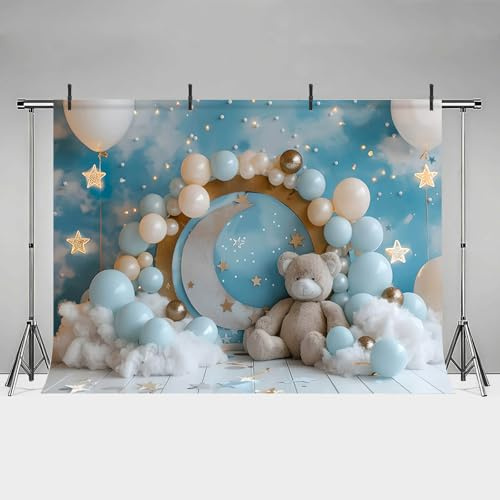 MEHOFOND Toile de fond pour photographie de garçon - 2,1 x 1,5 m - Motif floral bleu ciel blanc nuages ours en peluche étoiles lumières ballons arche en bois - Pour fête prénatale - Décoration de fête