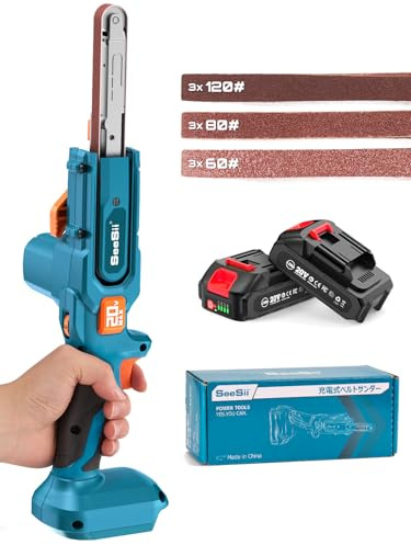 Seesii Belt Sander 1/2 x 18, 6 Speeds Max 1700 FT/Min, with 2 * 2.0Ah Battery, Charger, Hand Held Belt Sander for Metal Working, Wood, Plastic, Auto Grinding