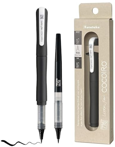 Kuretake ZIG brevpenna COCOIRO (svart) kropp med svart bläck påfyllningssats, flexibel extra fin penselspets, påfyllningsbar markör för kalligrafi, handbokstäver, tillverkad i Japan