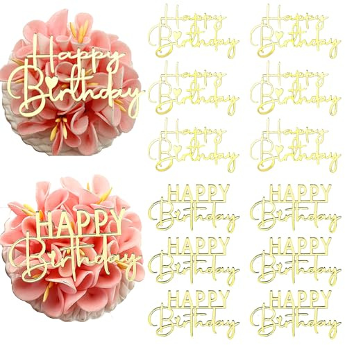 Happy Birthday Cake Topper, Gold Mirror Acrylic, 12 Pieces, Cupcake Party Decorations