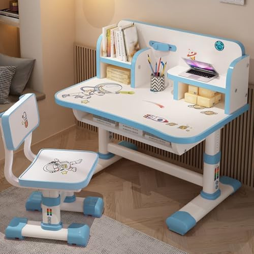 Justerbar höjd barnbord och stolar set med bokförvaring och ergonomisk design, halkfritt studentskrivbord och stolar set för barn 3-18 år, tecknat mönster skrivbord och stol kombo blå