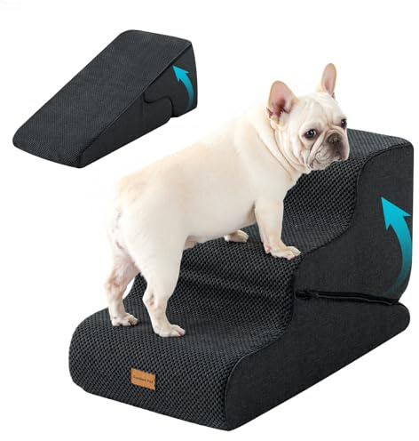 Gardner Pet 2-in-1 Dog Steps for Bed, Adjustable 3-Steps High Density Foam Dog Ramp for Sofa, Water Resistant Pet Stairs with Non Slip Bottom, Suitable for Puppy, Small Animals, Black