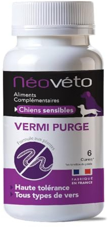 NEOVETO - Vermipurge Chiens Sensibles - Vermifuge Haute Tolérance naturels - Actifs agréés par Les Services Vétérinaires Français - Fabriqué en France - Facile à administrer - 15 comprimés appétants