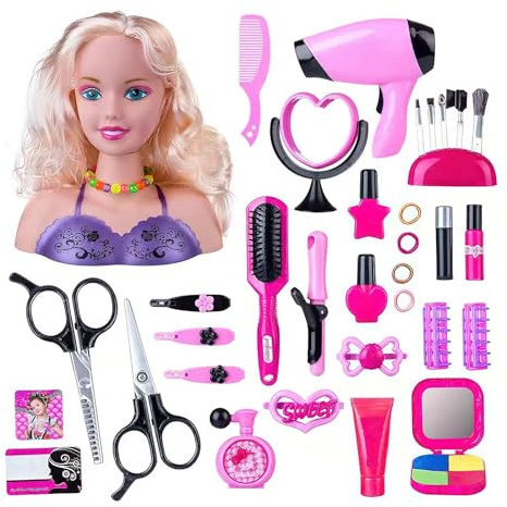 JOPWUE 35PCS Makeup Hairdressing Doll Styling Head Toy,Kid Play Makeup and Hair Dressing Heads Toy Set,for 3 4 5 6 7 Years Old Girls Beauty Set Play Role Toys Christmas and Birthday Gift ﻿ (36 PCS)