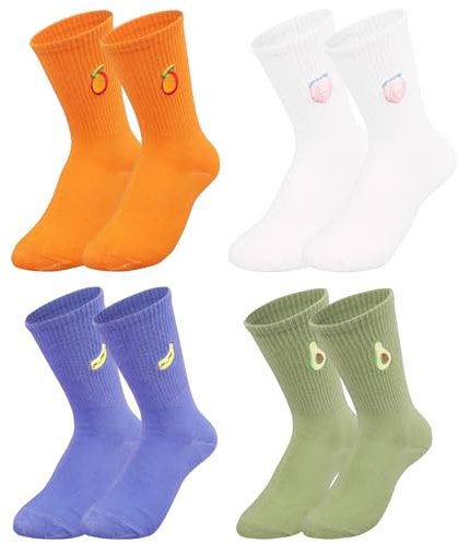 Zidoley 4 paia di calzini da tennis da donna, calzini sportivi da donna, taglie 36-42, calzini colorati a forma di frutta con motivo a righe, calzini in cotone, tennis, corsa, sport, lavoro