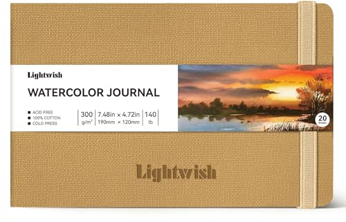 Lightwish Skissbok, akvarellpapper, 100 % bomull, kallpress, konstmaterial, akvarellpapper, 12 x 19 cm, 20 ark (63,5 kg/300 g/m²), syrafri för akvarell, gouache, akryl