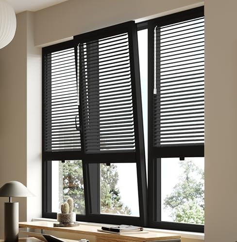 Premium British Made to Measure Black Aluminium Venetian Blinds | No Drill Blinds for Windows & Doors – Stick Fit | Easy Fit Adhesive – Thermal, Cordless, UK Made & Child Safe
