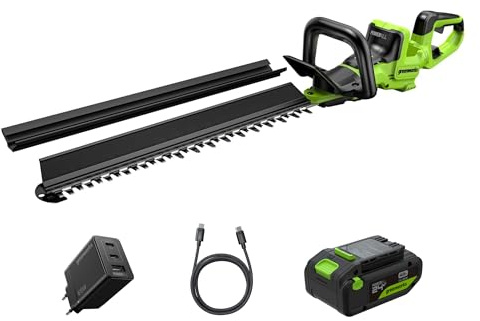 Greenworks Batteridriven häcksax 24 V 66 cm med 4,0 Ah batteri och 65 W USB-C-laddare, borstlös motor, dubbel egg 30 mm 180° vridbart handtag, Hedge Sweeper HT6602RA2