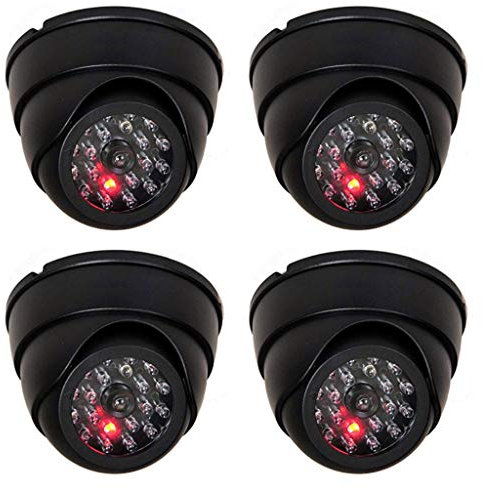 O&W Security Lot de 4 caméras factice factice avec objectif et LED clignotante pour la surveillance des marchandises pour l'intérieur et l'extérieur