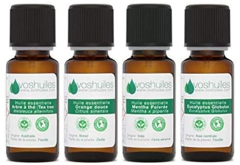 Pack de 4 Huiles Essentielles Bio - Les Indispensables pour l'Aromathérapie - Arbre à Thé, Eucalyptus Globulus, Menthe Poivrée, Orange Douce - Certifiés Ecocert - HEBBD - 4x10 ml - VOSHUILES