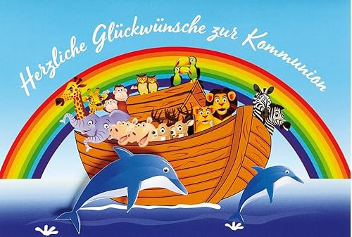 Perleberg Kommunionskarte mit gelbem Umschlag 11,6 x 16,6 cm - Hochwertige Glückwunschkarte zur Kommunion - Regenbogenmotiv - Karte zur Kommunion Mädchen & Jungen - Ideal für Geldgeschenke