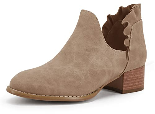 FISACE Womens Ruffled Ankle Boots V Cut Out Pointed Toe Chunky Low Heel Dressy Western Booties