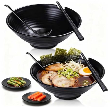 Vivimee Unbreakable Japanese Style Ramen Bowl Set of 2, 37oz Black Large Ramen Bowls and Spoons Set with Chopsticks & Saucers for Pho Thai Miso Udon Soup Noodles or Asian Food, Matte Melamine Bowls
