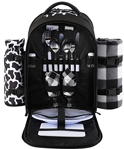apollo walker Picnic Backpack Bag for 2 Person with Cooler Compartment, Detachable Bottle/Wine Holder, Fleece Blanket, Plates and Cutlery Set (2 Person, Black)