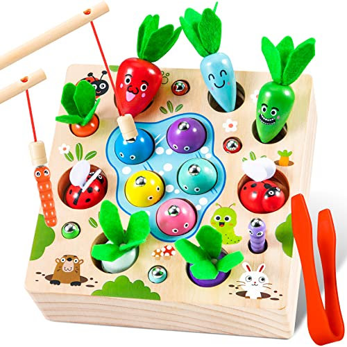 COOLJOY Wooden Fishing Game Toy, 4 In 1 Magnetic Montessori Toys for 2 Year Olds, Carrots Harvest Toy Shape Sorter, Toddler Educational Gift for 2 3 4 Year Olds Girls Boys