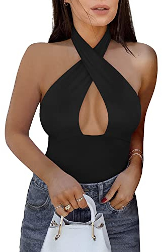 REORIA Women's Sexy Criss Cross Halter Neck Sleeveless Party Club Night Going Out Thong Bodysuits Tops Black Large