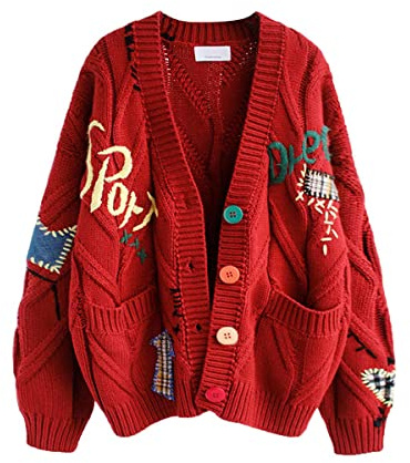 Women's Cable Knit Long Sleeve Open Front Cardigan Sheep V-Neck Button Down Embroidery Wool Blend Sweater Coat Outwear (S,Red)