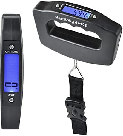 VapourOn Balanza digital para equipaje de 50 kg (Kg/g/lb./oz), báscula electrónica para colgar de viaje con pantalla retroiluminada, báscula de pesaje portátil (con baterías)