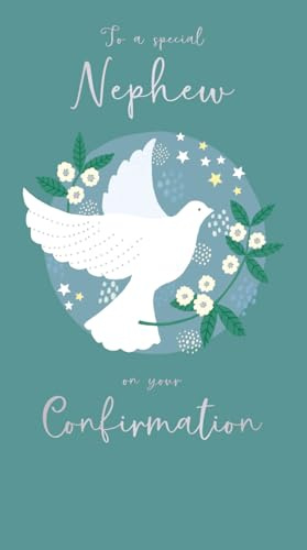 Wonderful Nephew Confirmation Day Congratulations Card for Boys - Floral Dove Design with an Embossed Foil Finish - by ICG