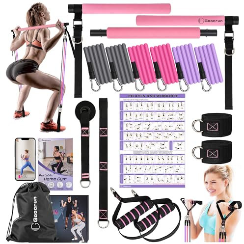 Pilates Bar und Widerstandsband Bar Set mit Griffen, tragbares Heim-Fitnessstudio, inklusive Türankern, Knöchelriemen und Verlängerungsgurten - Kommt mit Fitness-Postern und Videos