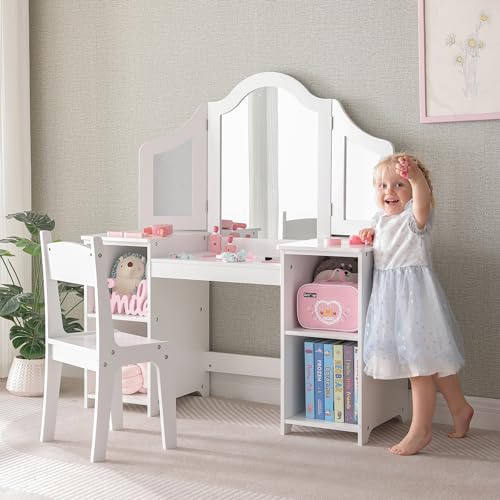 MOUDS 2 in 1 Kids Vanity Set, Princess Makeup Table, Toddler Vanity with Open Storage Cabinet, Easy Assembly Vanity with Detachable Tri-fold Mirror for Little Girls Age 3-9 (White with Chair)