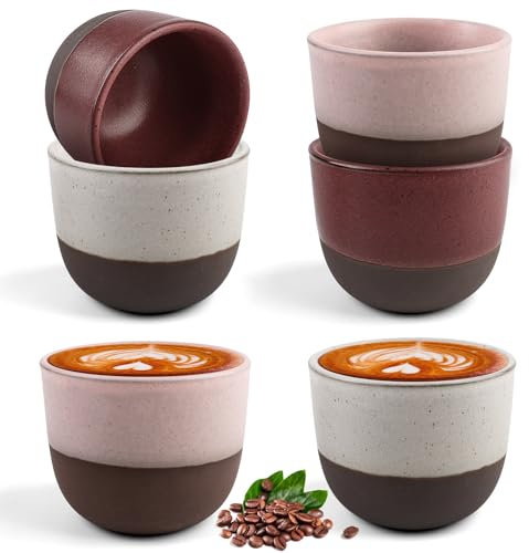 Rinwywey Espressotassen Set 6x 120ml Mini-Espressotasse [LIEBEVOLL HANDGEFERTIGT] Stapelbare Espressobecher Keramik für Espresso, Tee, Eistee, Whiskey (Weiß + Rot + Rosa)
