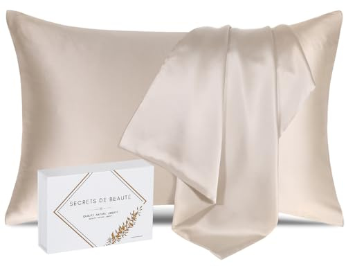 Funda de Almohada 100% Natural de Seda de Morera 25 Momme Grado 6A orgánica Pieles sensibles - Afro - Pelo Rizado - Anticaida Cabello - Regalo (Topo, 40x80cm)