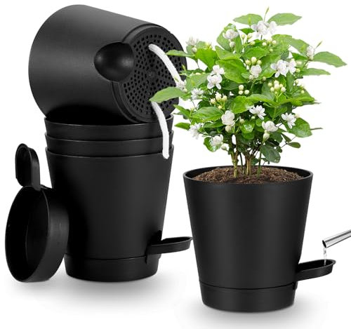 Yimomoyi 5 Stück Kunststoff Blumentopf mit Bewässerungssystem, Selbstbewässerung Übertopf mit Untersetzer, Rund Pflanzkübel für Innen und Balkon Garten Pflanzen Sukkulenten Kaktus (Schwarz)