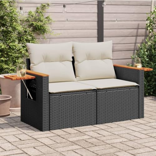 IKAYAA Sofá Jardín 2 Plazas de Ratán con Mesa Auxiliar Plegable, Sofas Terraza con Cojines Acolchados, Sofá de Exterior 2 Plazas, Muebles de Terraza, Sofá para Jardín Patio Terraza Negro y Blanco
