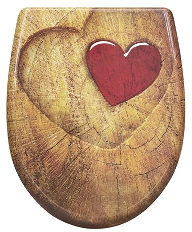 eSituro Toilettendeckel, WC Sitz mit Absenkautomatik, Klodeckel mit Schnellverschluss, 360° verstellbaren Scharnieren, Klobrille aus Duroplast, Rustikale braune Holzoptik und Herzdruck