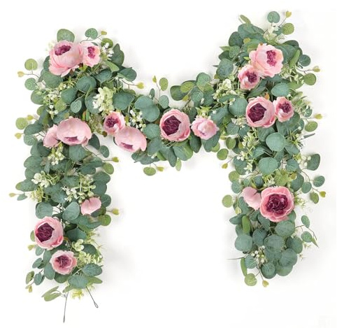 ROSYLEVE 2pcs Ghirlande Artificiali di Eucalipto con Fiori di Peonie Artificiali 2M Ghirlanda Fiori Finti per Ghirlanda per matrimonio Decorazione per la Casa (Rosa)