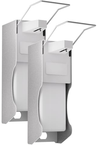 HOUSEHOLD WORLD Distributore europeo con fissaggio a parete e pressione gomito per disinfettanti e saponi – Dispenser di sapone bianco in alluminio, 1000 MLx2