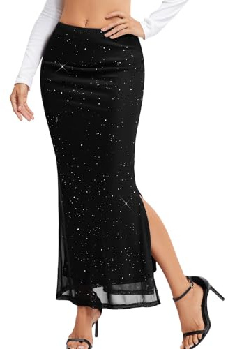 HomRain Black Sequin Skirt Women's Sexy Mesh Slit Long Skirts Stretchy High Waisted Tight Maxi Skirt for Casual Outings Autumn Trendy Outfits Sparkly Flowy A-line Black M