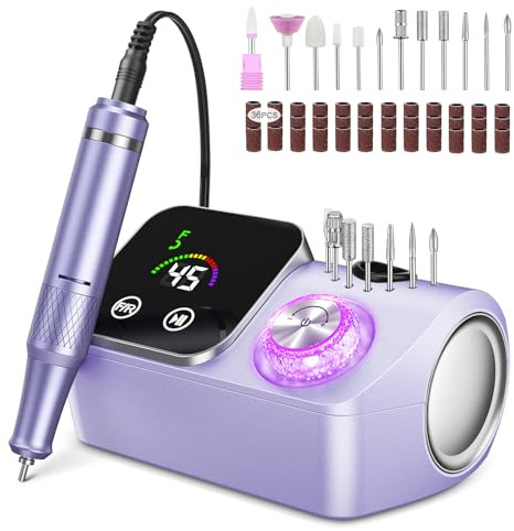 Urbuti Elektrischer Nagelfeile Nagelfräser für Gelnägel, 45000 U/min Nagelfräser Professioneller mit LCD-Anzeige, Maniküre Pediküre Set mit Multifunktionale Basis und Touch-Button-Steuerung Lila