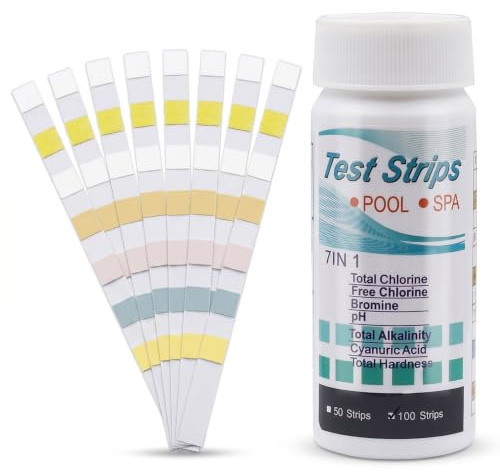 100 Bandelettes de Test Eau 7 en 1 - Testeur pour Piscine, Aquarium, SPA et Eau Douce - Analyse Rapide du pH, Chlore, Brome, Dureté, Alcalinité, Nitrite et Nitrate - Kit d'Analyse Précis