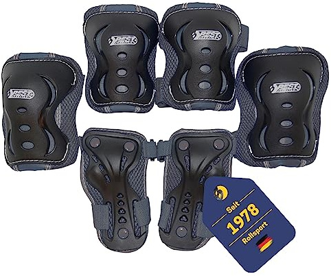 Best Sporting Schützer Set HQ für Kinder I Ellenbogenschoner / Handrückenschoner / Knieschoner in Größe M I hochwertiges Skater Schützer Set in Grau I Robustes & stabiles Schonerset