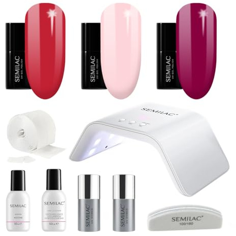 Semilac Try Me Gel Nail Starter Kit, Nail Set For Beginners - 3 x UV Gel Colours 7ml, UV/LED Lamp, Top & Base Coat 7ml, Tools & More For Perfect Manicure Tools & More - 028 Classic Wine