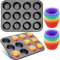 Frasheng Moldes de horneado,Bandejas para hornear magdalenas,antideslizantes,de acero al carbono,juego de 2 + Moldes de horneado de silicona,reutilizables,colores,juego de 24,para Muffins,Cupcakes