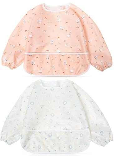 Little Dimsum 2 Piezas Baberos Bebe Impermeables con Mangas, Ajustable con Velcro y Bolsillo para Niños de 6 Meses a 3 Años