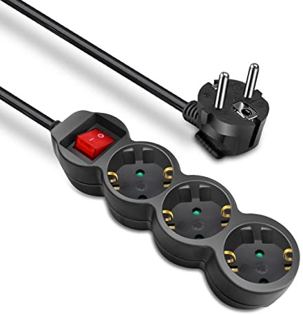 EXTRASTAR Regleta de enchufes con 3 Tomas, Alargador con Cable de 3 Metros e Interruptor, Negro, 1 Pc