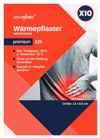 SEGURMED Wärmepflaster Wärmekissen Körperwärmer Premium Rückenwärmer gegen Schmerzen 10 Stück | Speziell für Allergiker geeignet