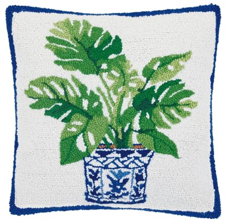 Peking Handicraft Monstera Plant in Blue Vase 18 Square Hooked Wool Throw Pillow with Polyfill Insert, Artwork by Sally Eckman Roberts, 30SER620C18SQ