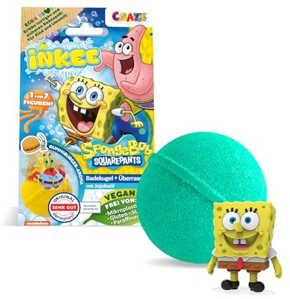 INKEE Surprise Bath Bomb Spongebob – Bath Bombs for Kids with Spongebob Figure, fizzing Bath Ball with Hidden Toy, Yellow/Teal, 80 g Single Pack - Toy for 3 Year Old Plus