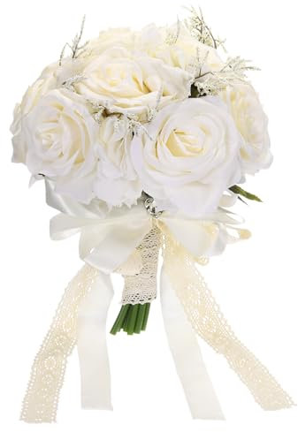 PATIKIL Artificial Bridal Bouquet, Bride Bouquets Wedding Flowers Bouquets with Silk Ribbon for Bride Bridesmaid Wedding Ceremony, Milky White