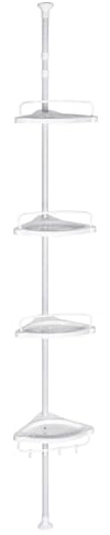 T-LOVENDO.ES Estantería de esquina ducha o bañera telescópica sin taladro de pie esquinera. Extensible altura ajustable. 4 baldas. Desde 85cm a 260cm. Acero y plástico. Blanca