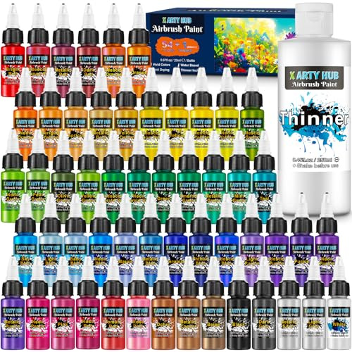 X ARTY HUB Airbrush Farben - 54 Farben mit 250 ml Verdünnern, Schillernde, Neonfarbene und Metallische Airbrush Farben Acryl, Gebrauchsfertig, Wasserbasiertes Airbrush-Malset für Künstler und Anfänger