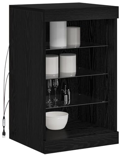 vidaXL Sideboard Svart Ek 41 x 37 x 67 cm Konstruerat trä, Modern matrumsskåp, rektangulärt förvaring med glas hyllor, LED-lampor ingår, hållbart trä