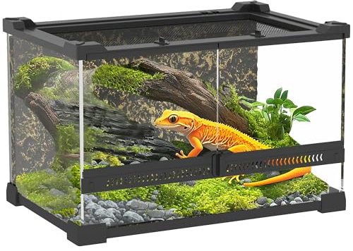 PawHut Terrarium en Verre pour Reptiles, Vivarium pour Reptiles avec Fond en Pierre, Ventilation Frontale, Serrure à Bouton Anti-Évasion, Enceinte en Verre pour Lézards, Grenouilles à Cornes, Serpents