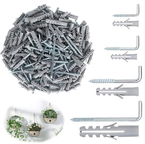 GUOYIHUA Lot de 220 crochets à vis en forme de L - 4 tailles - Vis à crochet avec tube d'expansion - Vis à crochet galvanisées - Crochets muraux stables - Crochets en L pour la maison, le bureau, le